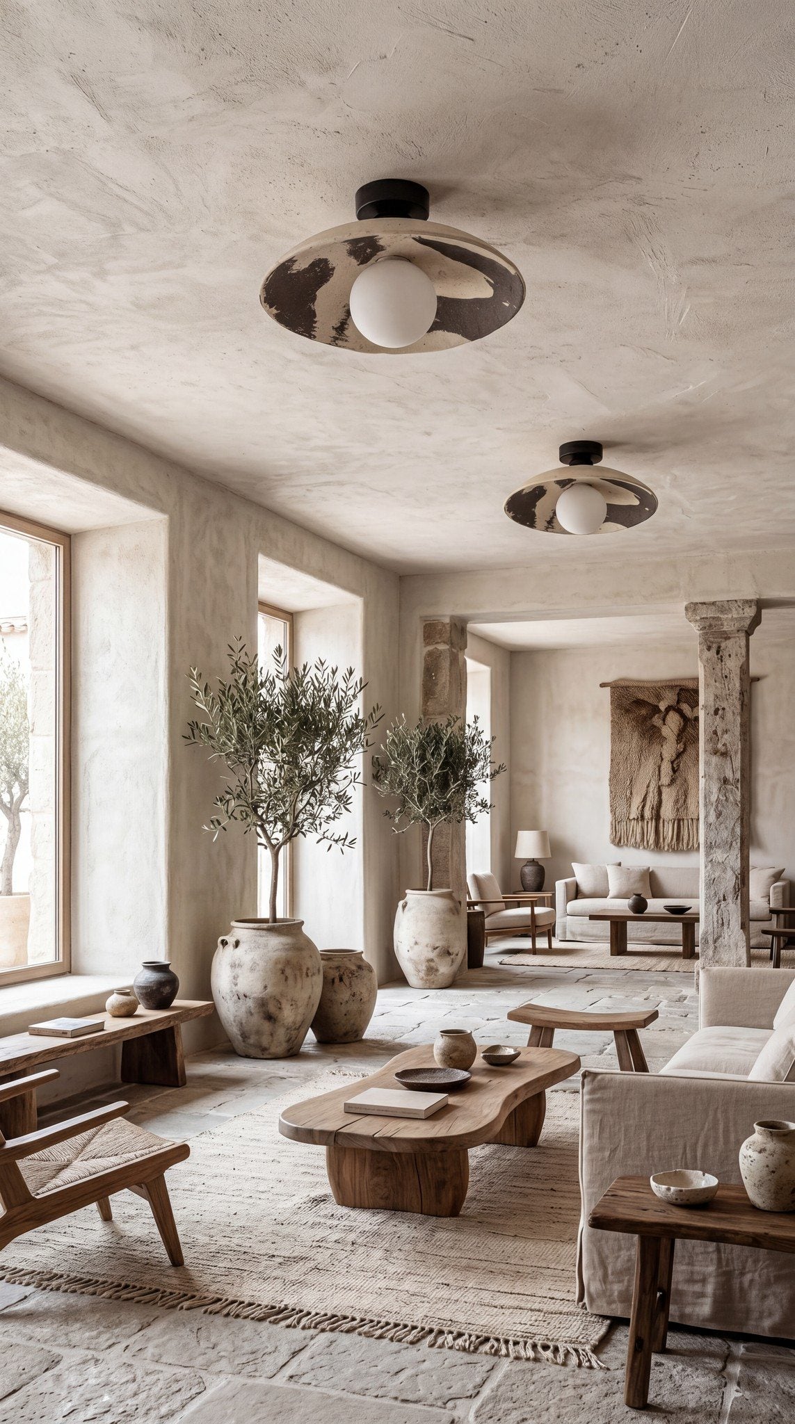 Two Nara ceramic ceiling lights in a Mediterranean living room with olive trees and stone floor