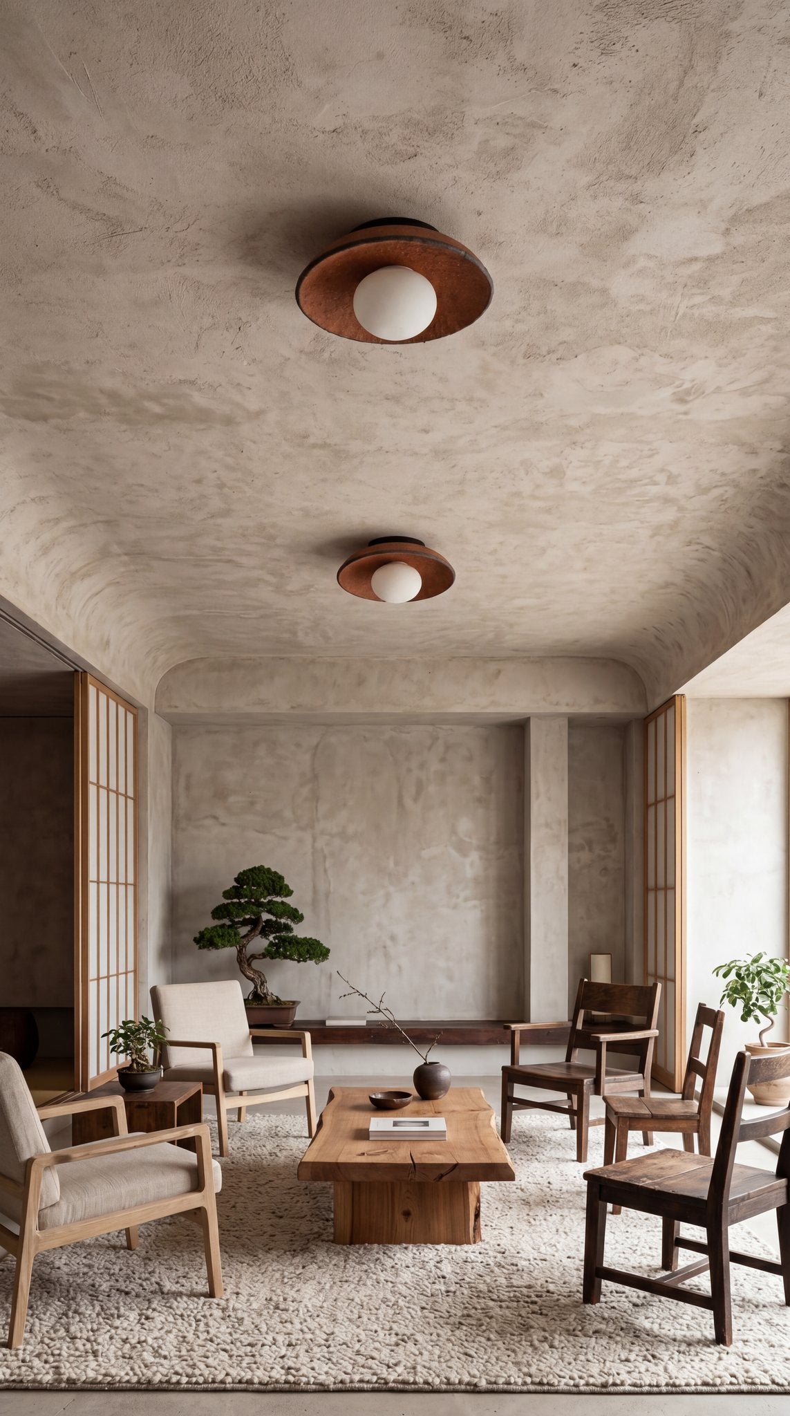 Two Ember terracotta ceramic ceiling lights in a Japandi living room with shoji screens and bonsai
