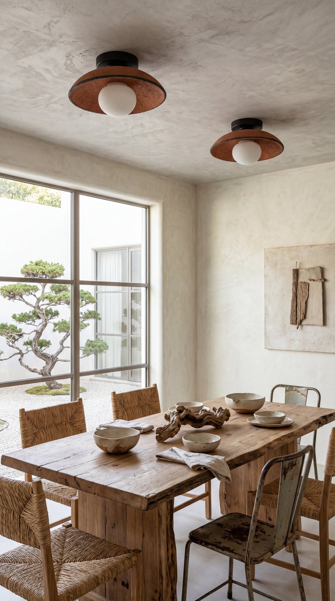 Two Ember terracotta ceramic ceiling lights above a rustic wood dining table with a zen garden view