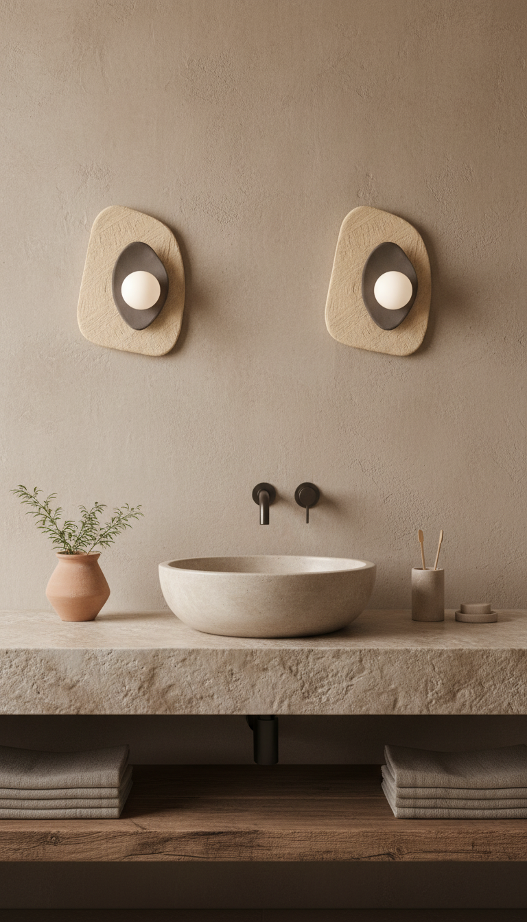 Beige-graue Keramik-Wandleuchte – Handgefertigte Wabi-Sabi-Wandleuchte