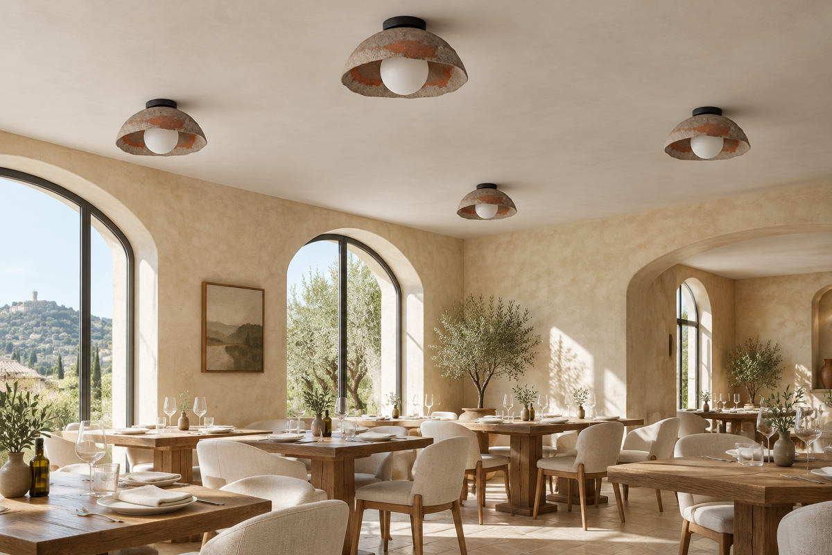 Kaya handmade ceramic flush mount ceiling lights in a Mediterranean restaurant dining room