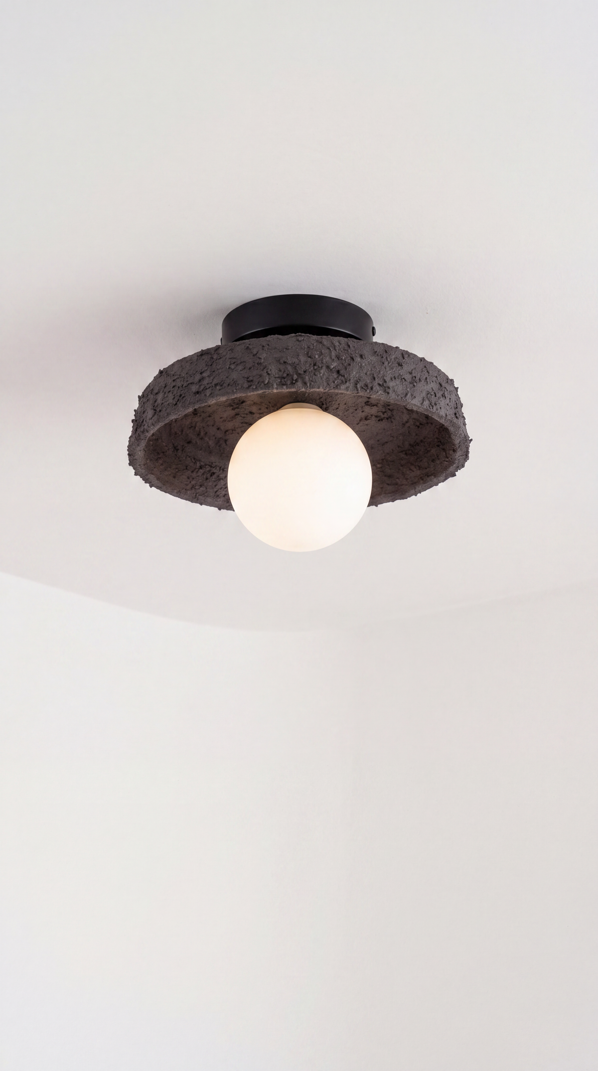 Basalt handmade ceramic flush mount ceiling light with dark charcoal textured shade and opal globe