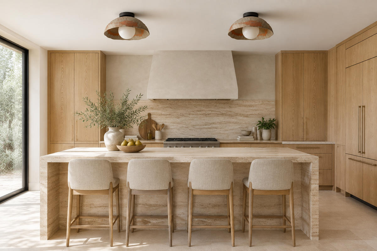 Two Kaya ceramic ceiling lights above a travertine kitchen island in a modern organic kitchen