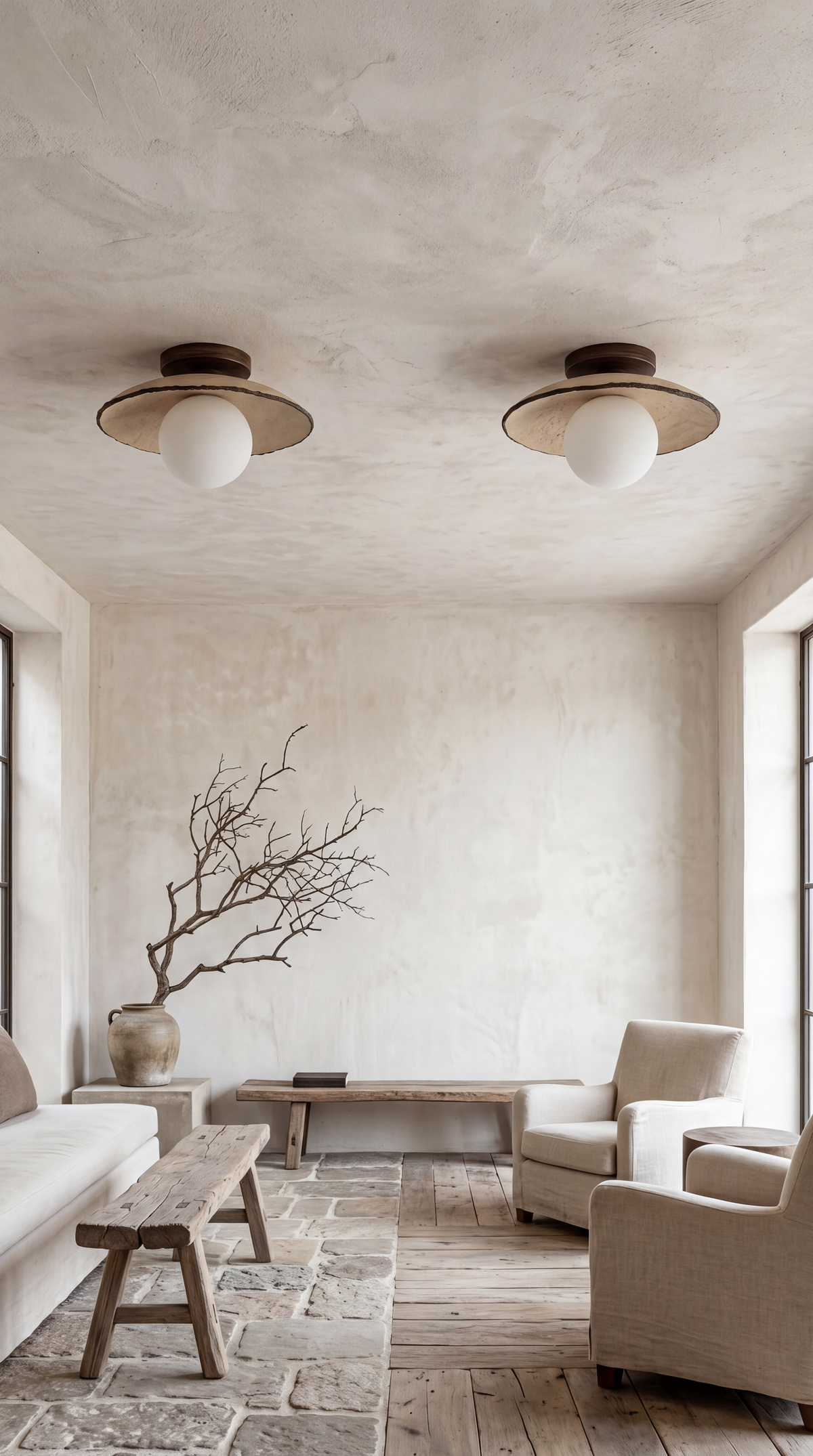 Two Sahara ceramic ceiling lights in a serene wabi sabi living room with plaster walls and stone floor