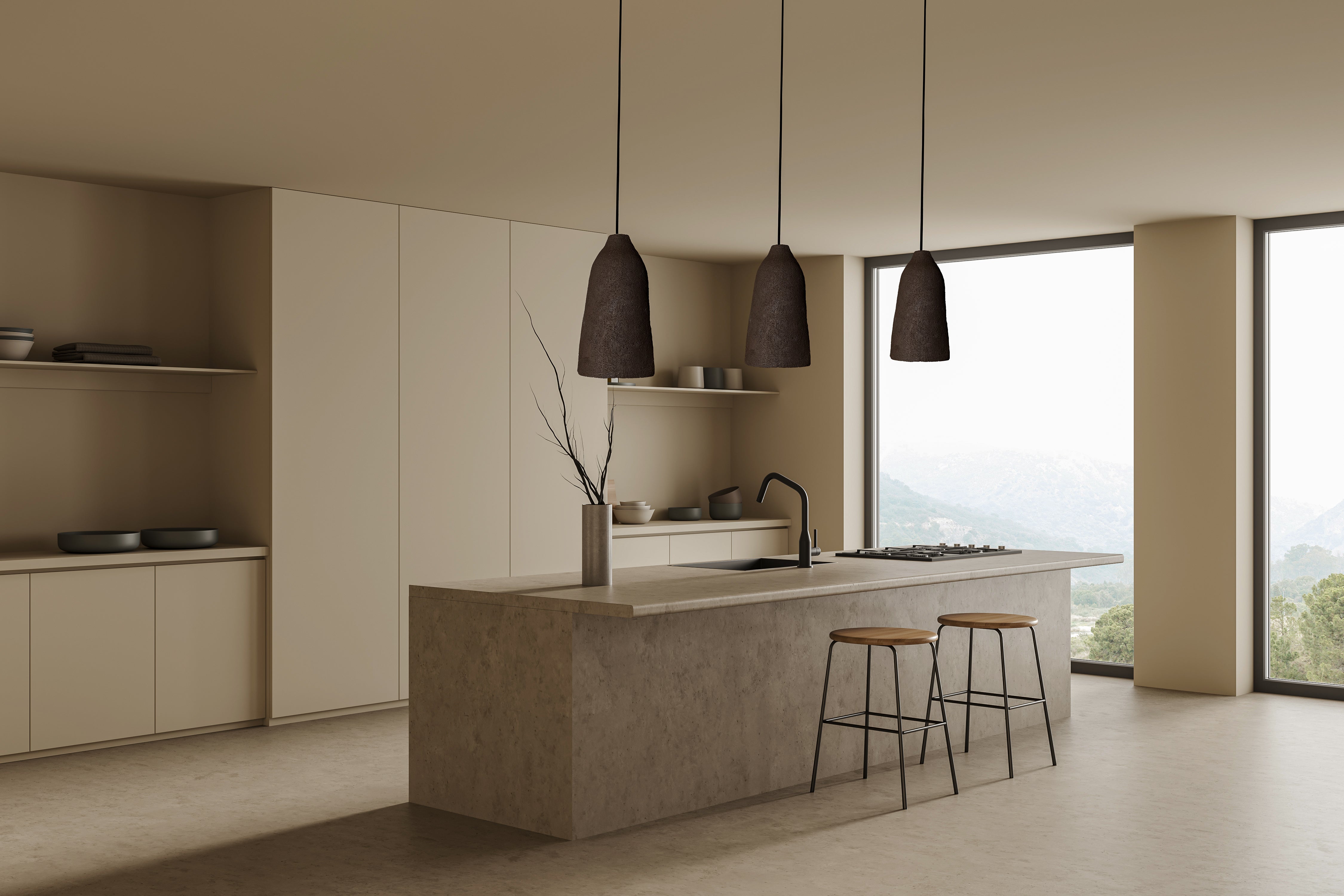 Wabi Sabi Long Handmade Ceramic Pendant Chandelier, Natural Textured Ceramic Lamp, Kitchen Island Chandelier - Geza Ceramic Studio
