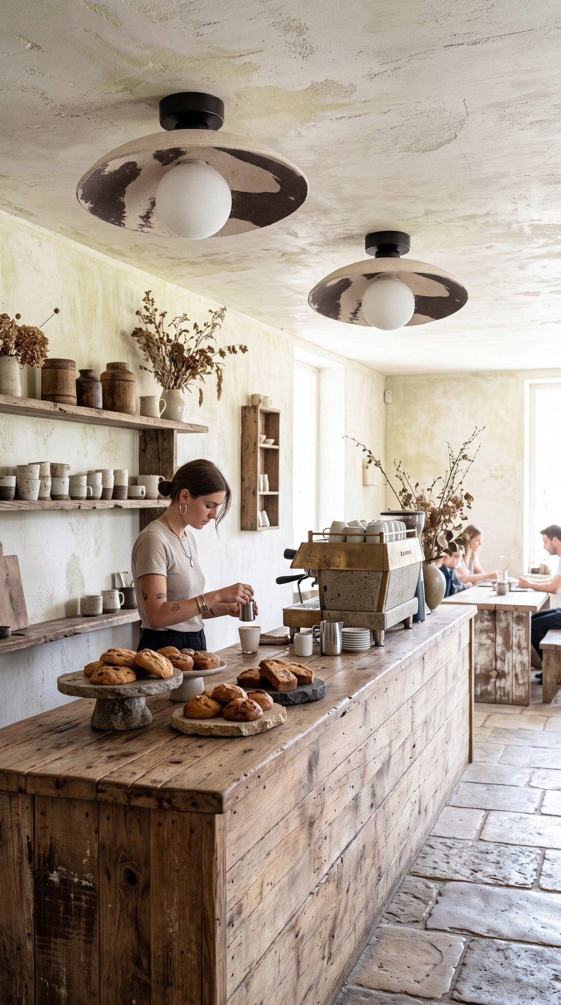 Two Nara ceramic flush mount ceiling lights above a rustic reclaimed wood coffee bar in a cafe