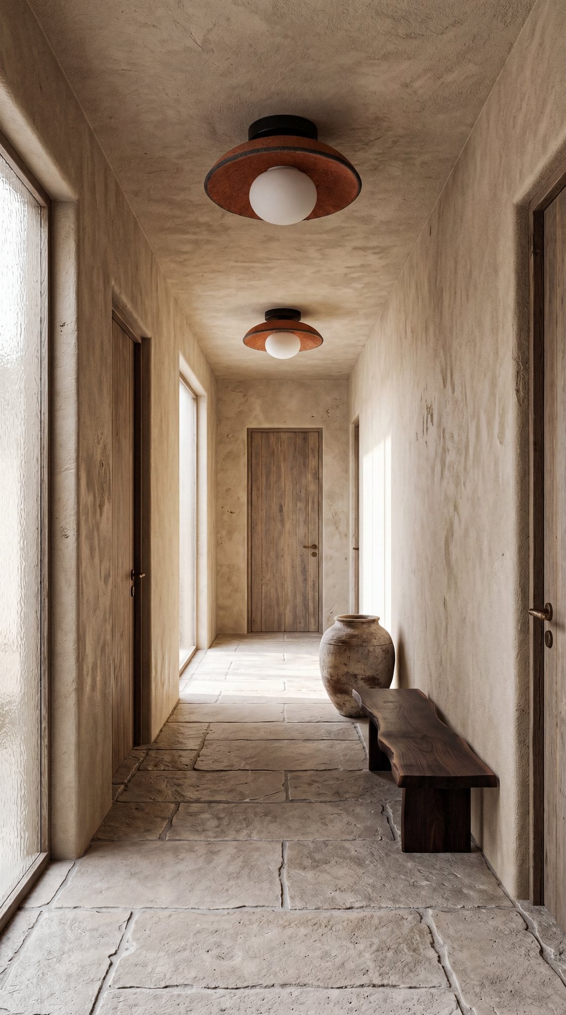 Two Ember terracotta ceramic ceiling lights in a plaster hallway with stone floor and wooden bench