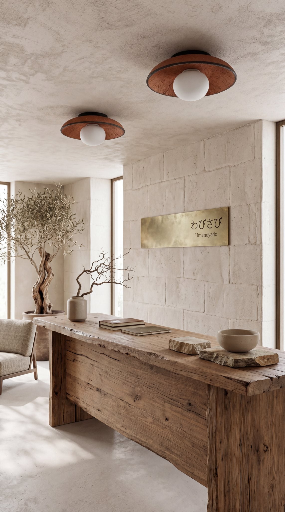 Two Ember terracotta ceramic flush mount ceiling lights above a reclaimed wood hotel reception desk