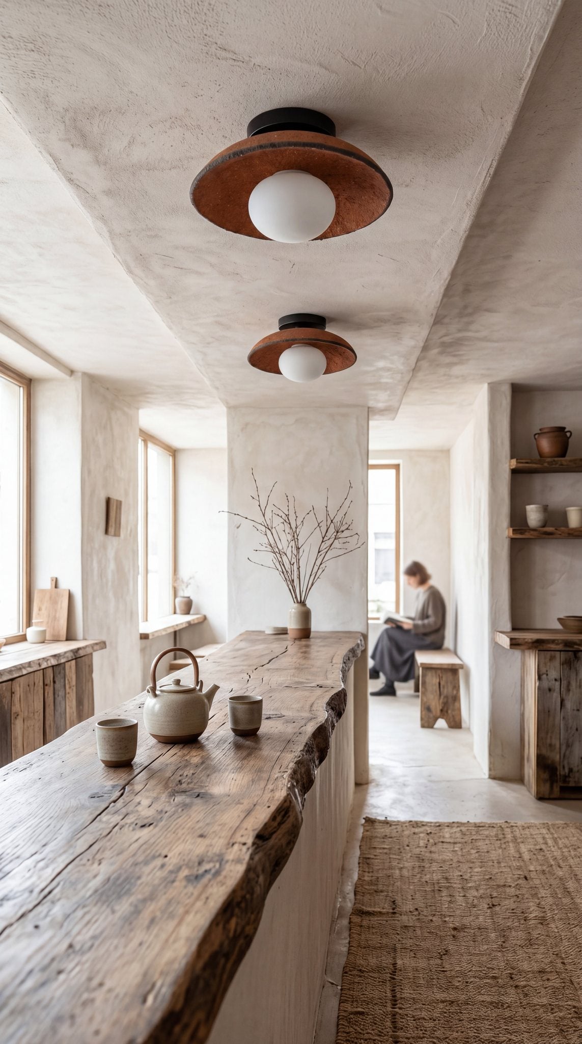 Two Ember terracotta ceramic ceiling lights above a live-edge wood counter in a wabi sabi tea room