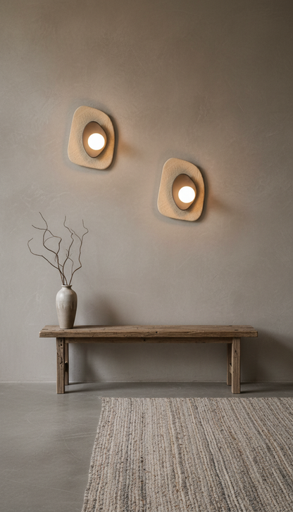 Beige-graue Keramik-Wandleuchte – Handgefertigte Wabi-Sabi-Wandleuchte