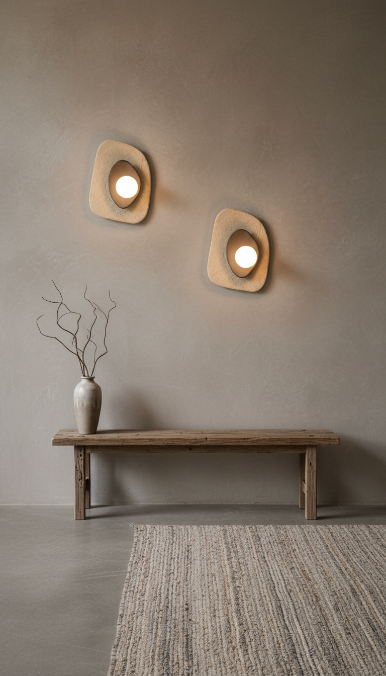 Beige-graue Keramik-Wandleuchte – Handgefertigte Wabi-Sabi-Wandleuchte