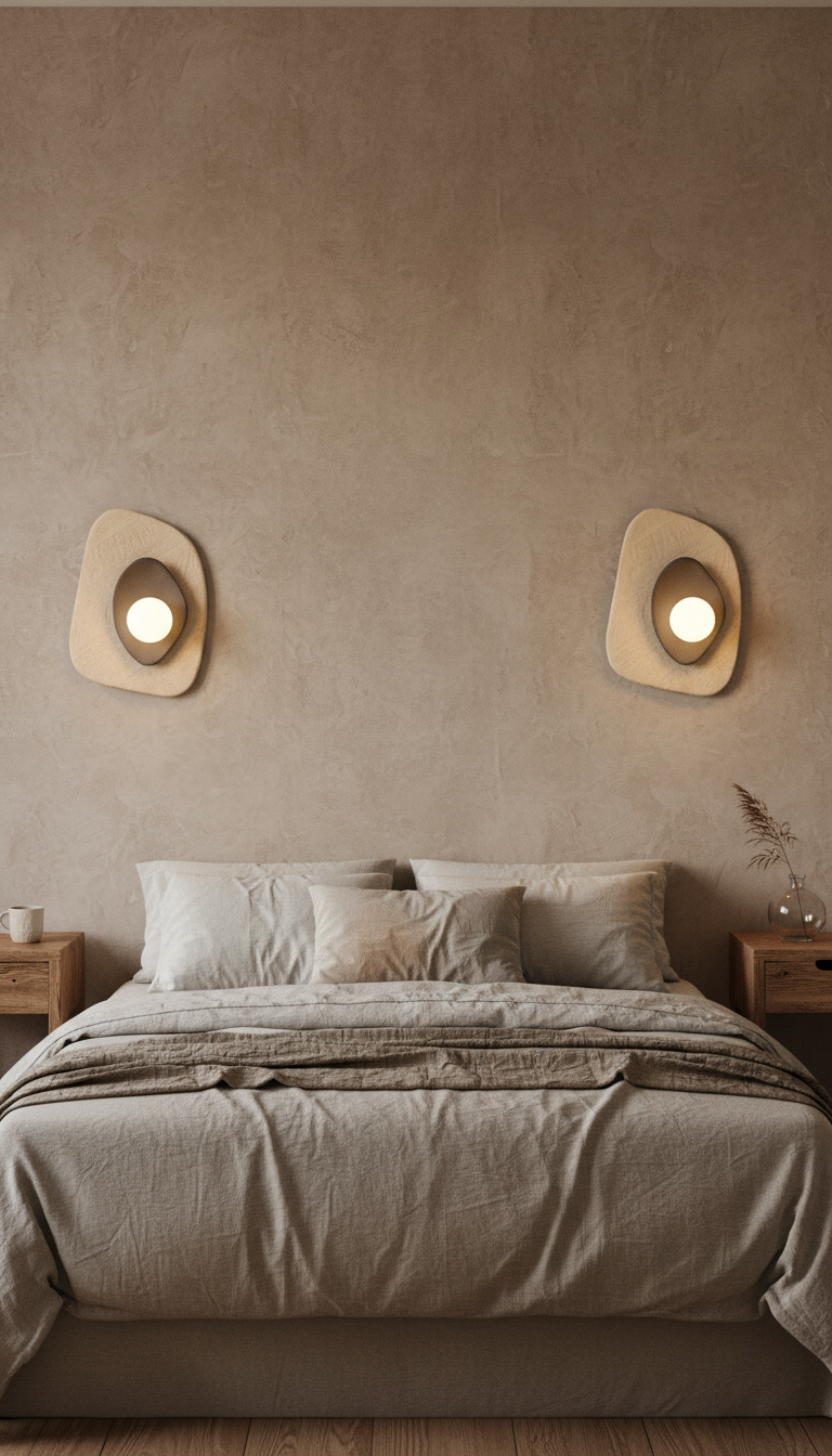 Beige-graue Keramik-Wandleuchte – Handgefertigte Wabi-Sabi-Wandleuchte