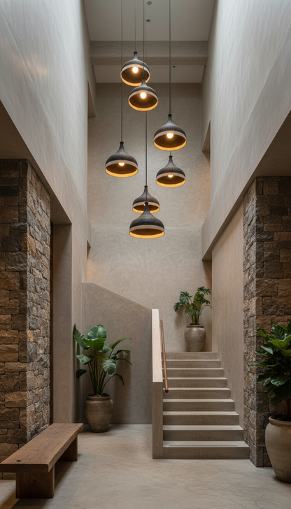 Wabi Sabi Black and White Amorphous Handmade Ceramic Pendant Chandelier, Natural Textured Kitchen Island Pendant Chandelier,