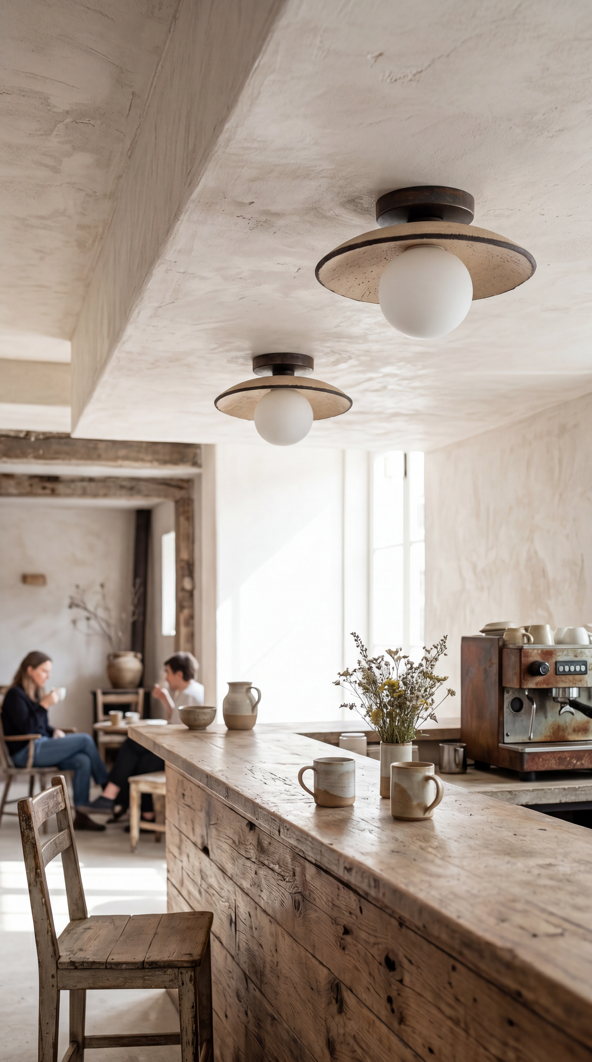 Two Sahara ceramic flush mount ceiling lights above a reclaimed wood counter in a rustic cafe
