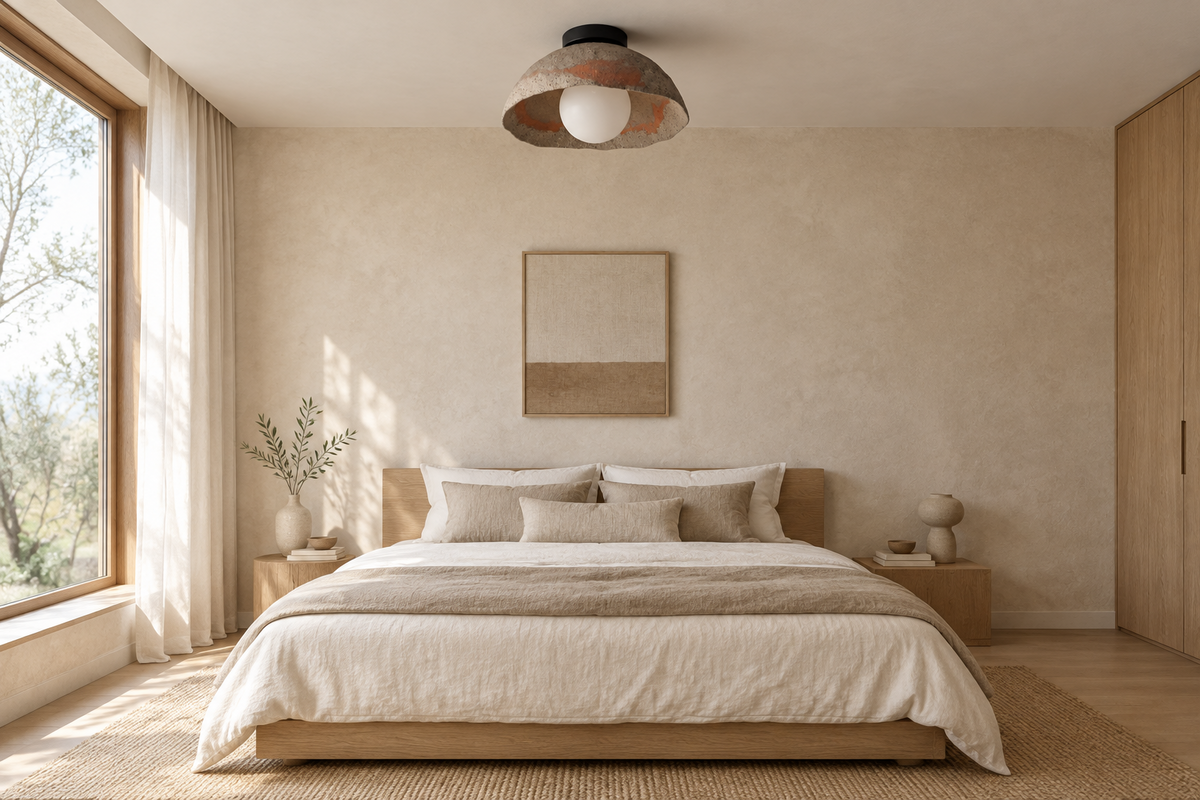 Kaya ceramic flush mount ceiling light above the bed in a Japandi style bedroom