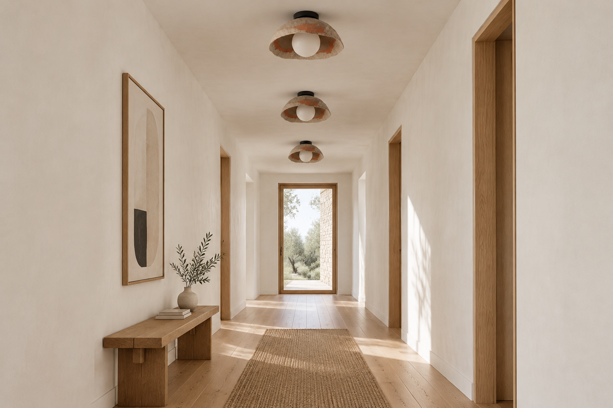 Three Kaya handmade ceramic ceiling lights in a row along a bright minimalist hallway