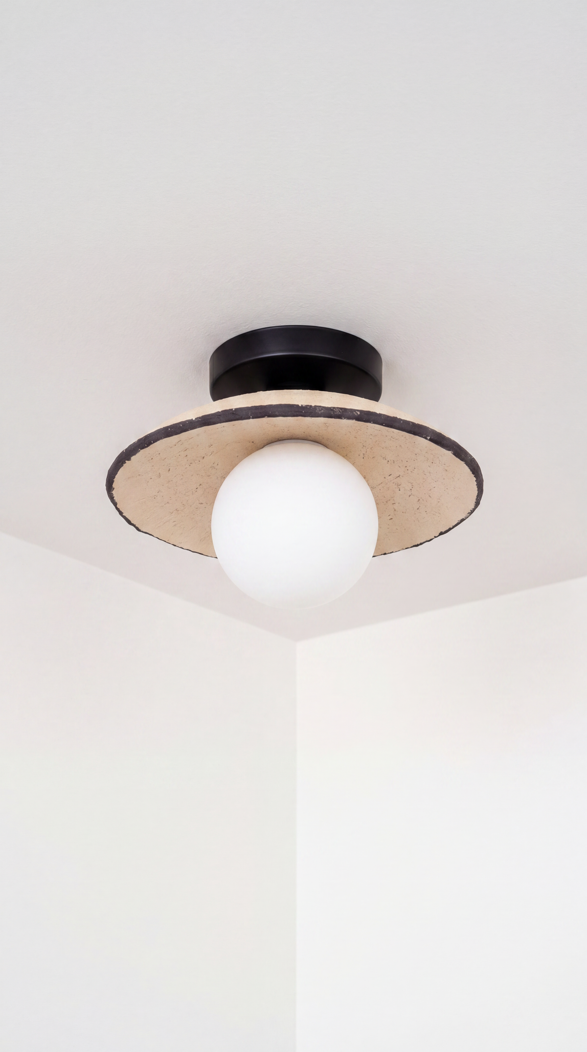 Sahara ceramic ceiling light with natural sand clay shade mounted on a white ceiling
