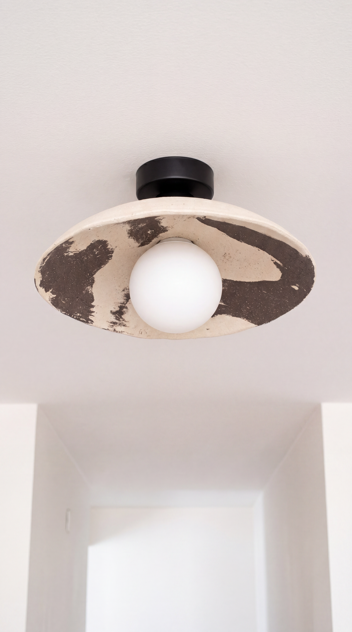Nara handmade ceramic flush mount ceiling light with cream and dark brown brushstroke shade, black canopy and opal globe