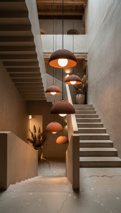 Terracotta Color Handmade Ceramic Pendant Chandelier, Wabi Sabi Ceramic Lamp,
