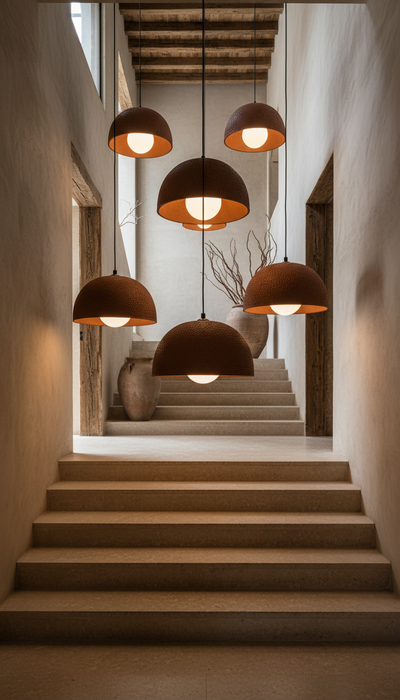 Terracotta Color Handmade Ceramic Pendant Chandelier, Wabi Sabi Ceramic Lamp, Home Gift Lamp