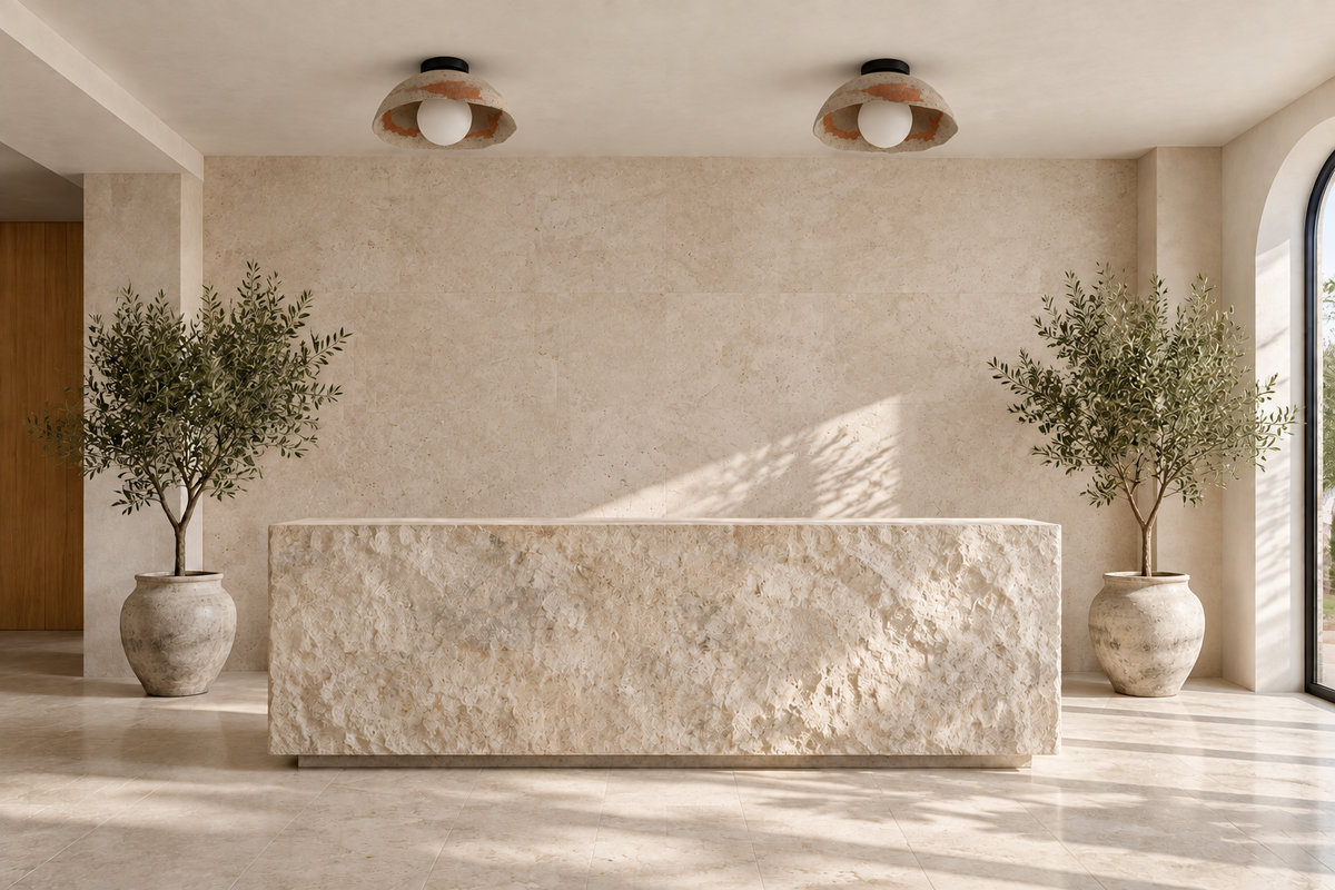 Two Kaya ceramic flush mount ceiling lights above a natural stone reception desk in a boutique hotel lobby