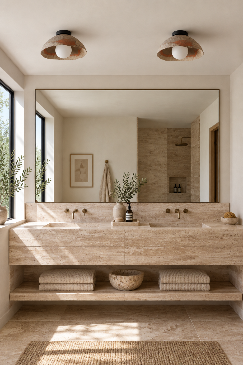 Two Kaya ceramic flush mount ceiling lights above a travertine double vanity in a spa bathroom