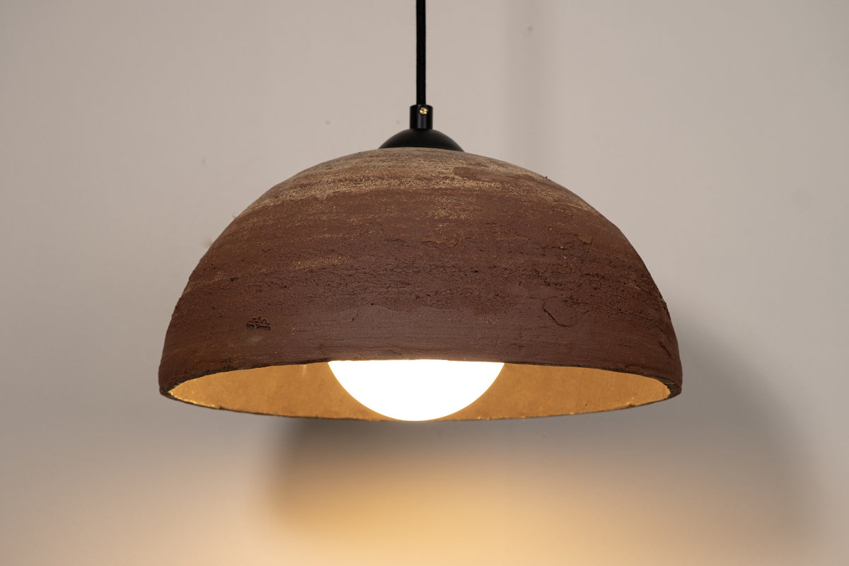 Lyris – handmade terracotta ceramic pendant light in natural stoneware clay by Geza Ceramic Studio
