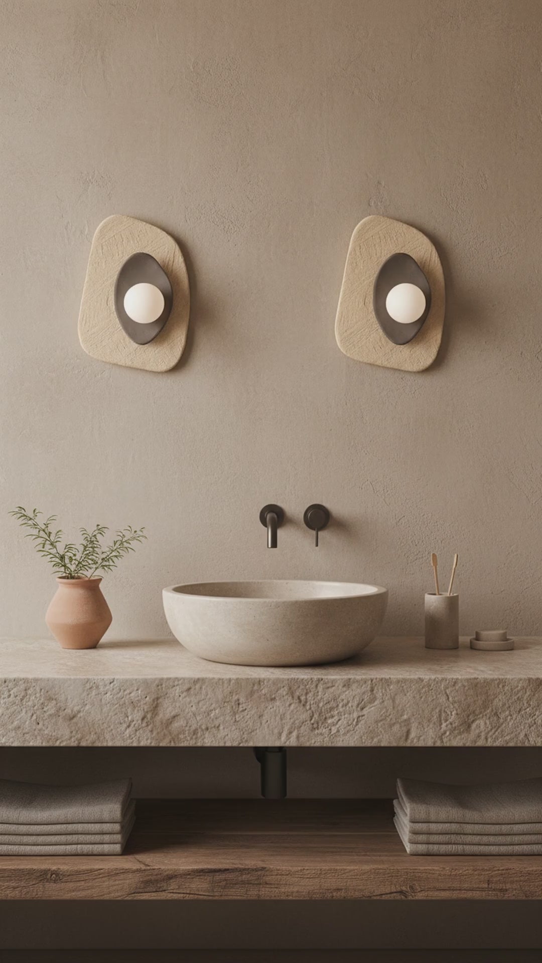 Beige-graue Keramik-Wandleuchte – Handgefertigte Wabi-Sabi-Wandleuchte