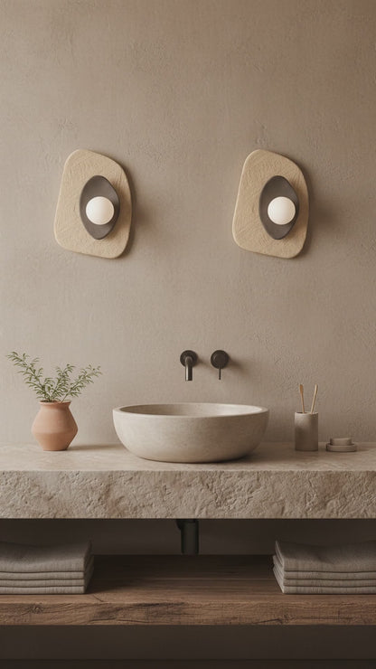 Beige-graue Keramik-Wandleuchte – Handgefertigte Wabi-Sabi-Wandleuchte